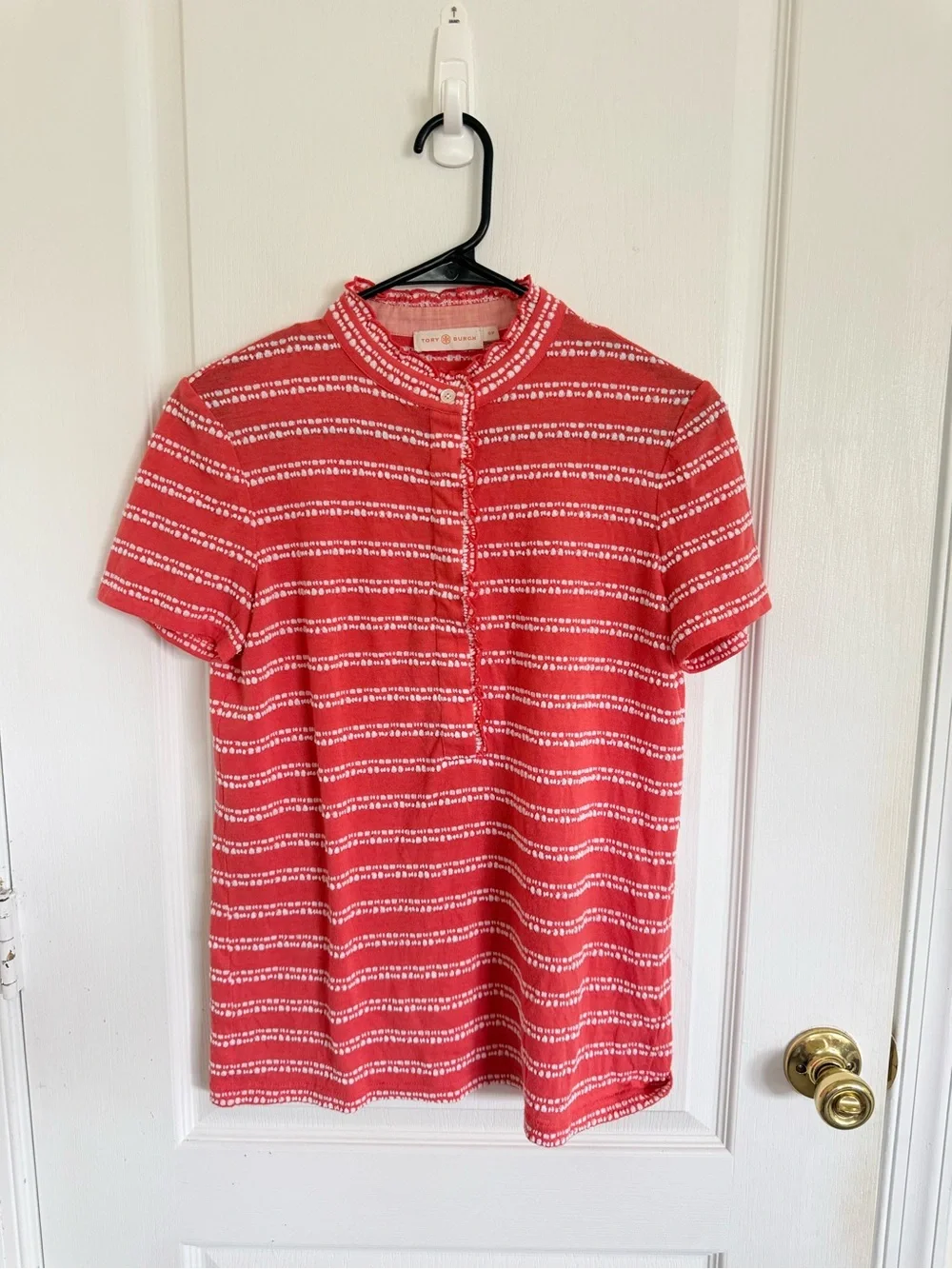 Tory Burch Lydia Coral Striped Ruffle Polo Top